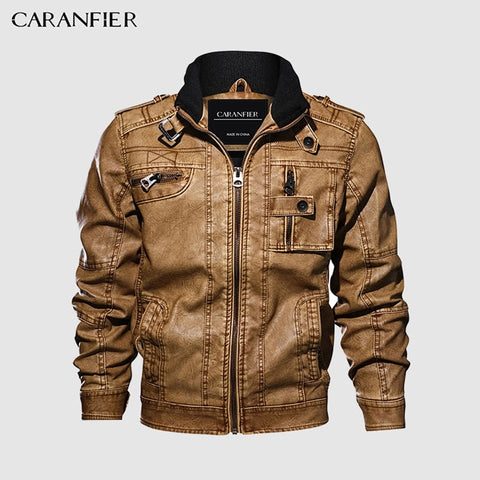 CARANFIER Mens Leather Jackets Motorcycle Stand Collar Zipper Pockets Male US Size PU Coats Biker Faux Leather Fashion Outerwear