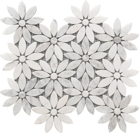 Beautiful Sun Flower Pattern Carrara White Italian Waterjet Stone Marble Mosaic Tile for Home Decoration